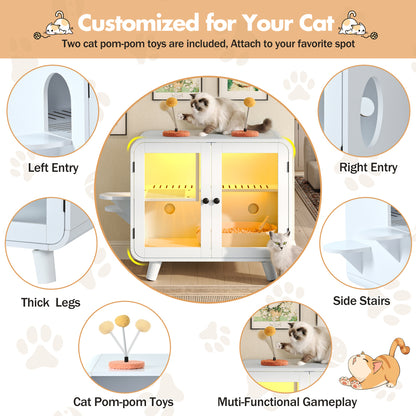 Hidden Cat Litter Box Cabinet – RGB LED, Glass Doors, Litter Walkway & Pom-Pom Toys, White