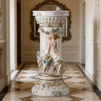 33" Luxury Roman Column Pedestal | Resin Fairy & Floral Relief Pillar Stand — Vintage European Decor for Living Room & Entryway