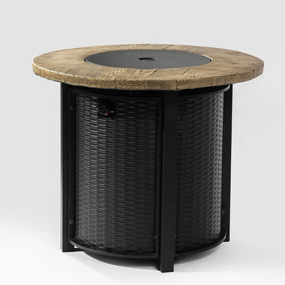 30" Propane Fire Pit Table | 50,000 BTU Round Steel Fire Pit with Wood-Grain Finish & Glass Stones