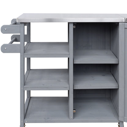 Foldable Outdoor Kitchen Island with Stainless Steel Top | Rolling Cart with Storage Cabinet, Open Shelves & Towel Rack — Grey
