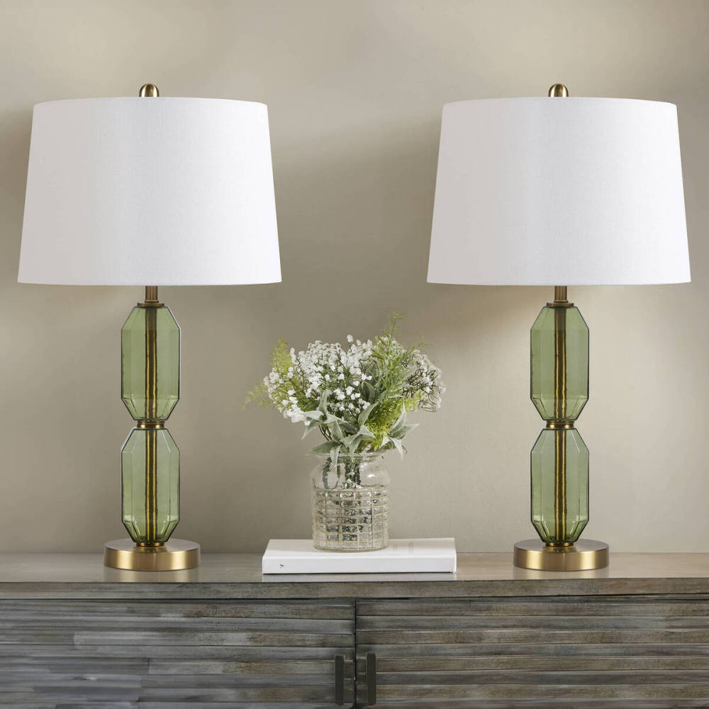 Faceted Green Glass Table Lamp – Gold Metal Base & White Fabric Shade | LED Bulb Included | Modern Accent Lamp