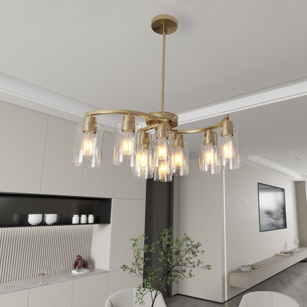 Modern Farmhouse 9-light chandelier in gold finish with clear glass shades, adjustable height, dimmable, for dining room or kitchen island.