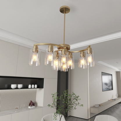 Modern Farmhouse 9-light chandelier in gold finish with clear glass shades, adjustable height, dimmable, for dining room or kitchen island.