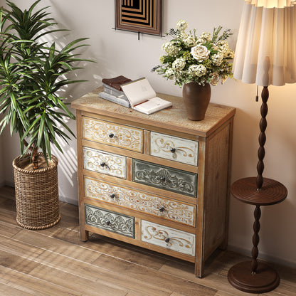 Rustic Farmhouse 6-Drawer Accent Chest – Multicolor Carved Wood, Bedroom & Living Room