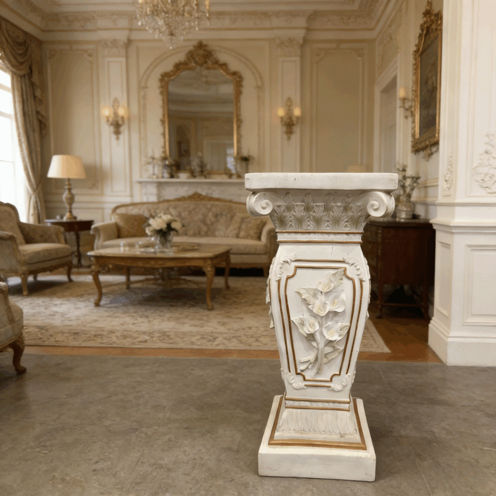 22" European Floral Roman Column Pedestal | Resin Carved Ionic Pillar Display Stand — Indoor & Outdoor Garden & Home Decor