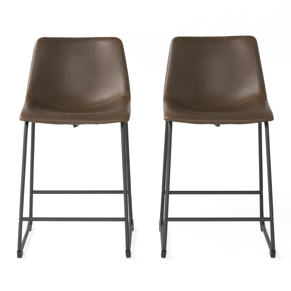24" Vintage Brown Counter Stools with Wide Seat & Low Footrail | Set of 2 Upholstered Stools with Black Iron Frame