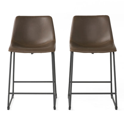 24" Vintage Brown Counter Stools with Wide Seat & Low Footrail | Set of 2 Upholstered Stools with Black Iron Frame