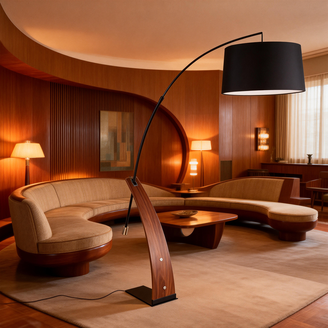 Mid-Century Modern Floor Lamp – Arched Walnut Wood Frame, Marble Base & Linen Drum Shade