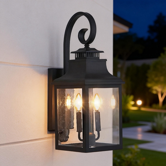 Outdoor Wall Lantern – Vintage Black Aluminum, Clear Seeded Glass & 2x E12 Sockets | Weatherproof Wall Sconce