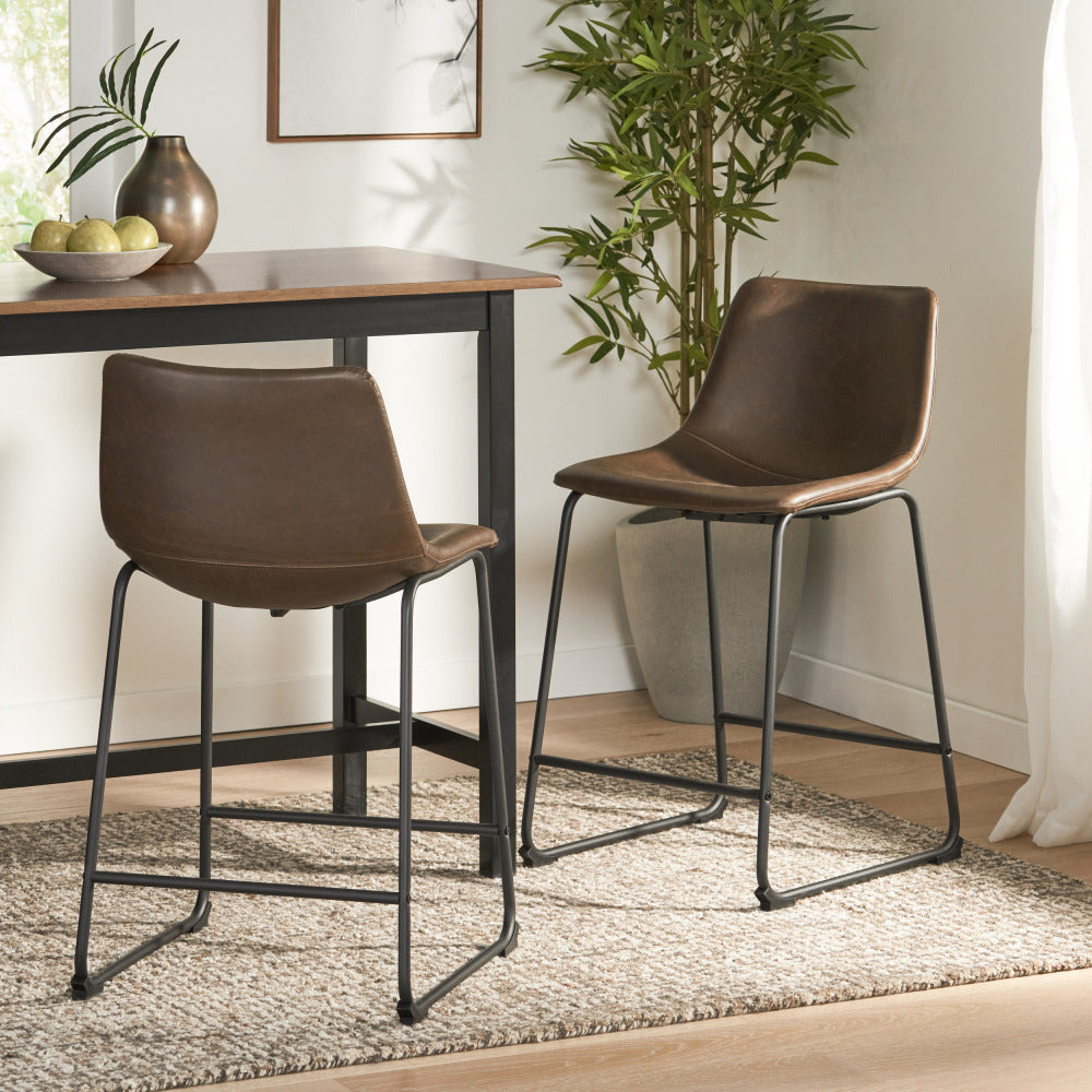 24" Vintage Brown Counter Stools with Wide Seat & Low Footrail | Set of 2 Upholstered Stools with Black Iron Frame Brown