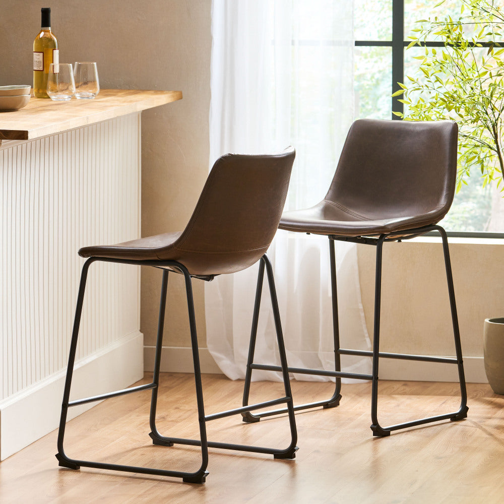 24" Vintage Brown Counter Stools with Wide Seat & Low Footrail | Set of 2 Upholstered Stools with Black Iron Frame