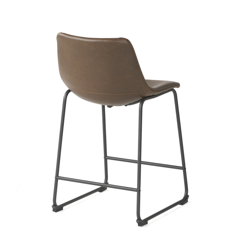 24" Vintage Brown Counter Stools with Wide Seat & Low Footrail | Set of 2 Upholstered Stools with Black Iron Frame