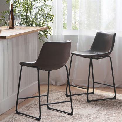 24" Vintage Brown Counter Stools with Wide Seat & Low Footrail | Set of 2 Upholstered Stools with Black Iron Frame