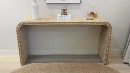 Waterfall Console Table with Wood Bead Trim 59" Curved Entryway Sofa Table Natural Wood Finish