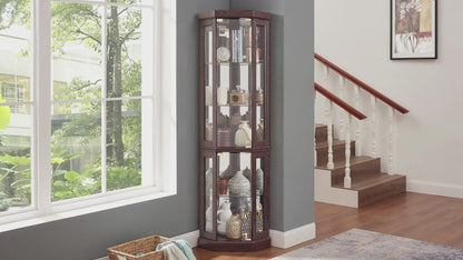 Lighted Corner Curio Cabinet Tall Display Case with Mirrored Back Glass Doors Adjustable Shelves White