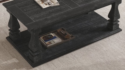 Farmhouse Coffee Table with Storage Shelf 47" Rustic Solid Wood Planked Top & Square Baluster Legs