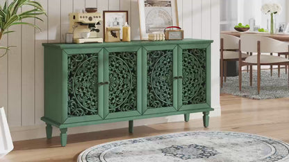 Vintage Hollow-Carved Accent Cabinet | 2-Door Storage Sideboard with Floral Detail & Solid Wood Legs