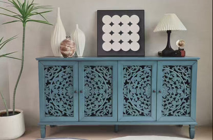 Vintage Hollow-Carved Accent Cabinet | 2-Door Storage Sideboard with Floral Detail & Solid Wood Legs