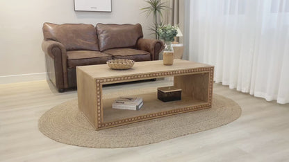 Rustic Beaded Edge Coffee Table with Open Storage Shelf | 47.6" Farmhouse Center Table — Natural Wood Finish