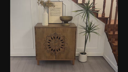 Rustic Hand-Carved 2-Door Accent Cabinet Boho Floral Storage Sideboard with Solid Wood Legs