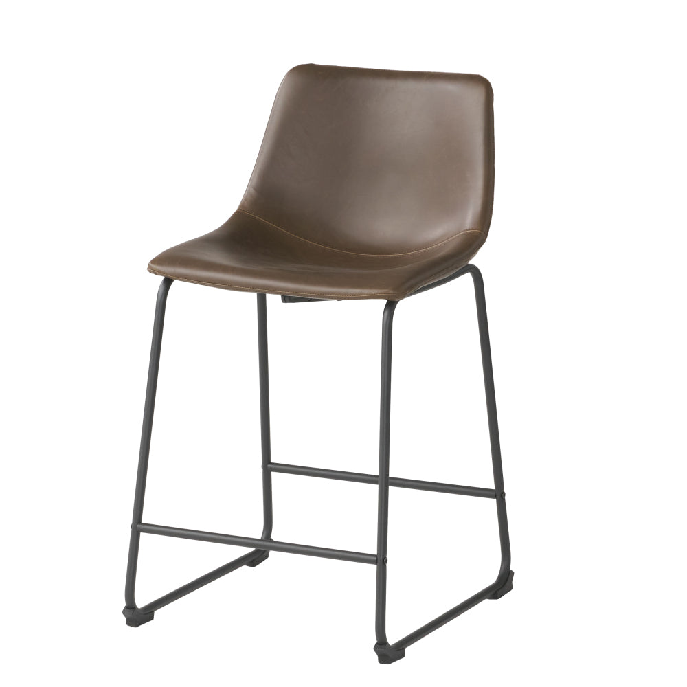 24" Vintage Brown Counter Stools with Wide Seat & Low Footrail | Set of 2 Upholstered Stools with Black Iron Frame