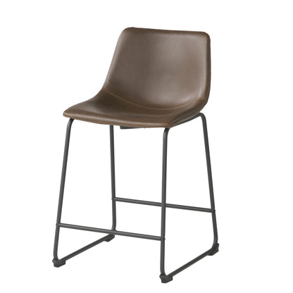 24" Vintage Brown Counter Stools with Wide Seat & Low Footrail | Set of 2 Upholstered Stools with Black Iron Frame