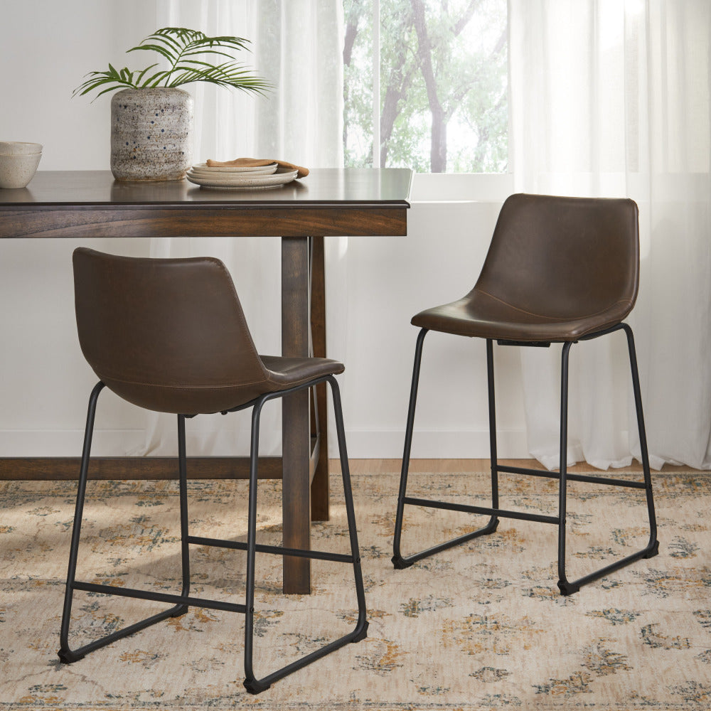 24" Vintage Brown Counter Stools with Wide Seat & Low Footrail | Set of 2 Upholstered Stools with Black Iron Frame