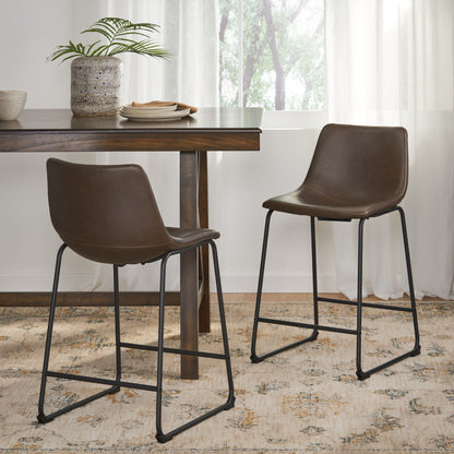 24" Vintage Brown Counter Stools with Wide Seat & Low Footrail | Set of 2 Upholstered Stools with Black Iron Frame